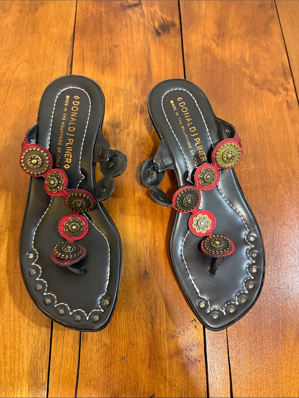 Donald J. Pliner Black Leather Sandals with Red and Antique Gold Accents